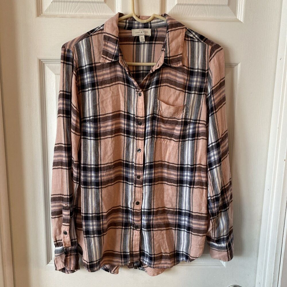 Lucky Brand Women’s Medium Button Up Long Sleeve Plaid Shirt Pink